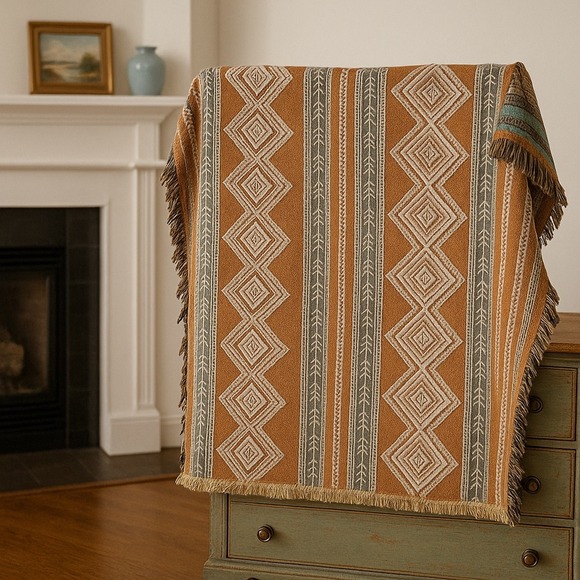 Huntington Home Woven Throw Blanket with Fringe Edges Diamond Pattern Brown - Picture 1 of 9